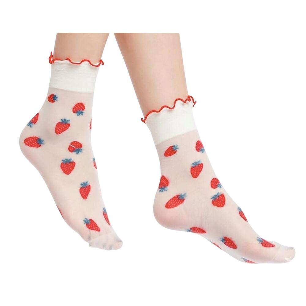Strawberry Ruffles Trim Sheer Ankle Socks Lolita Kawaii Cottagecore Kidcore Cute - Picture 2 of 3